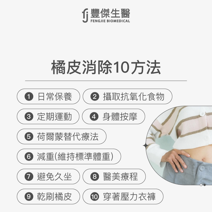 橘皮消除10方法：日常保養、攝取抗氧化食物、定期運動、身體按摩、荷爾蒙替代療法、減重（維持標準體重）、避免久坐、醫美療程、乾刷橘皮、穿著壓力衣褲