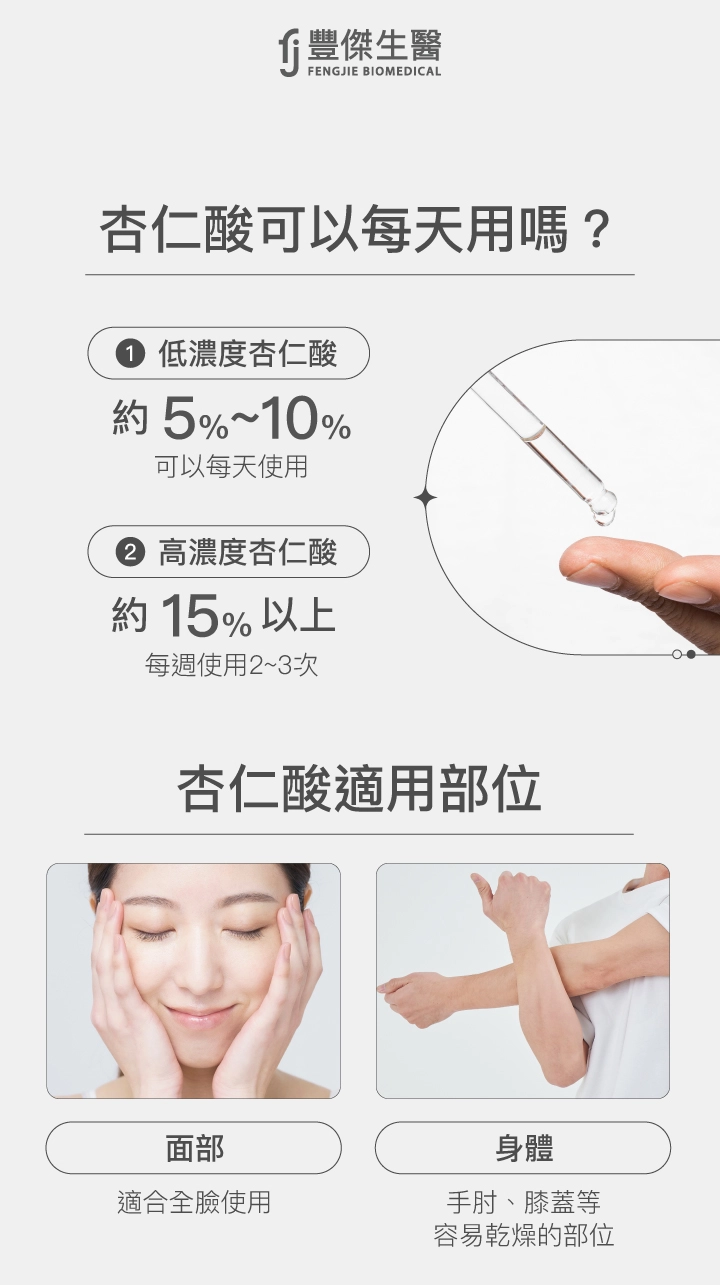 杏仁酸可以每天用嗎:低濃度杏仁酸(約5%-10%)適合每日使用、高濃度杏仁酸(15%以上)每週使用2-3次。杏仁酸適用部位:面部(適合全臉使用)、身體(手肘、膝蓋等容易乾燥的部位)