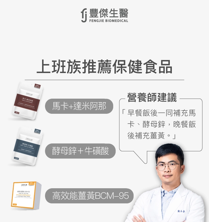 上班族推薦保健食品：馬卡＋達米阿那、酵母鋅＋牛磺酸、高效能薑黃BCM-95