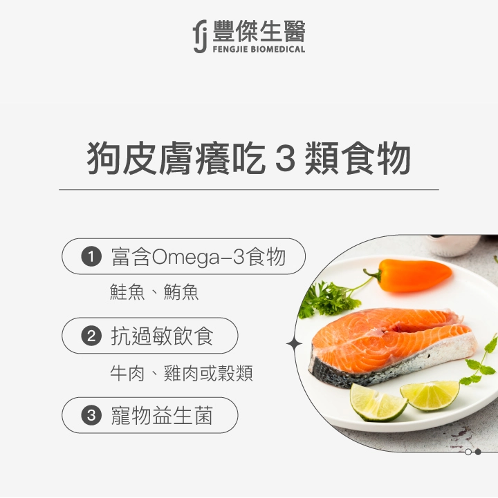狗皮膚癢吃3類食物：抗過敏飲食（牛肉、雞肉或穀類）、富含Omega-3食物（鮭魚、鮪魚）、寵物益生菌