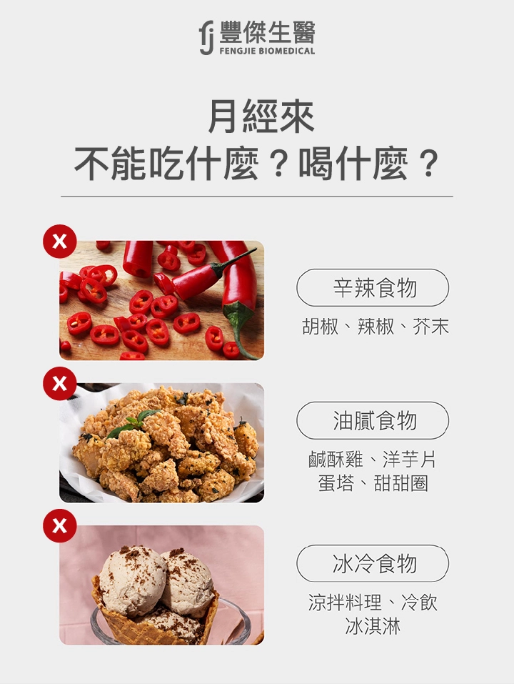 月經來不能吃什麼、喝什麼：辛辣食物(胡椒、辣椒、芥末)、油膩食物(鹹酥雞、洋芋片、蛋塔、甜甜圈)、冰冷食物(涼拌料理、冷飲、冰淇淋)