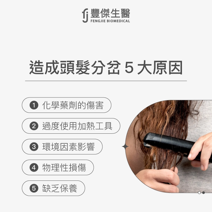 造成頭髮分岔5大原因：化學藥劑的傷害、過度使用加熱工具、環境因素影響、物理性損傷、缺乏保養