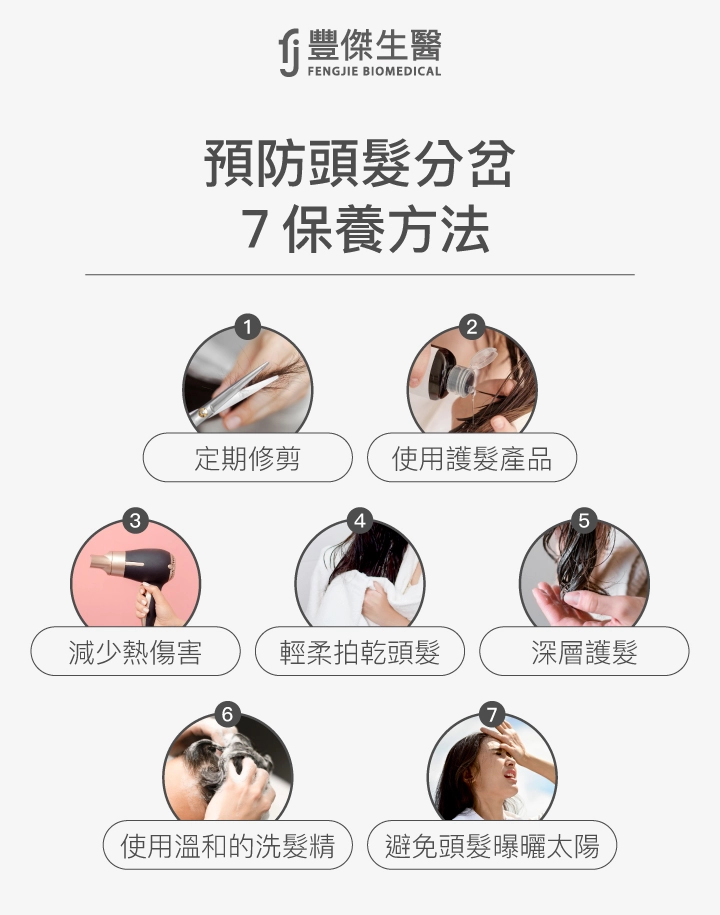 預防頭髮分岔7保養方法：定期修剪、使用護髮產品、減少熱傷害、輕柔拍乾頭髮、深層護髮、使用溫和的洗髮精、避免頭髮曝曬太陽