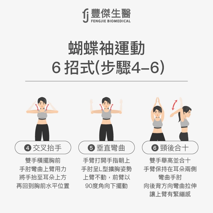 蝴蝶袖運動6招式:交叉抬手、垂直彎曲、頸後合十