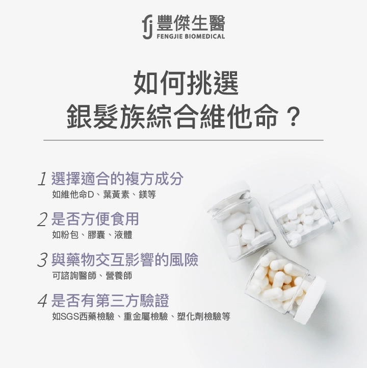 挑選銀髮族綜合維他命4大重點：選擇適合自己的複方成分、考量是否方便食用、諮詢藥物交互影響的風險、是否通過安全第三方驗證