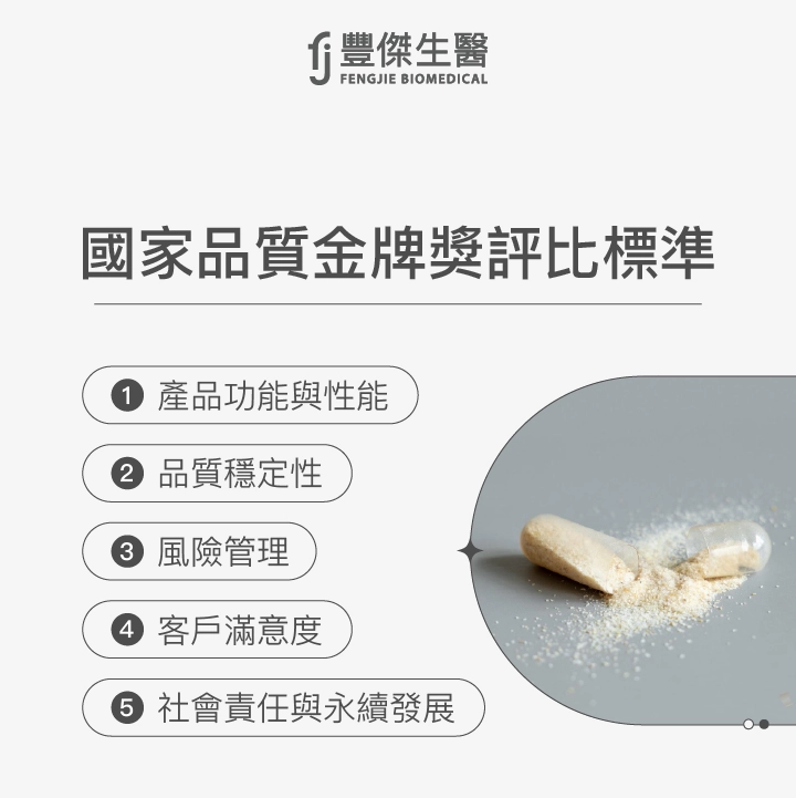 國家品質金牌獎評比標準：產品功能與性能、品質穩定性、風險管理、客戶滿意度、社會責任與永續發展