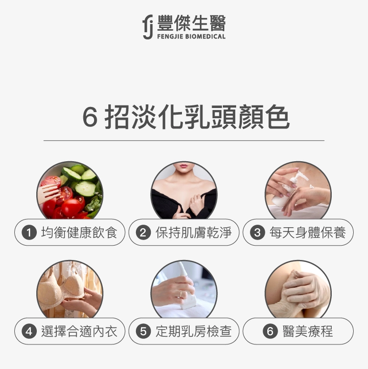6招淡化乳頭顏色：均衡健康飲食、保持肌膚乾淨、每天身體保養、選擇合適內衣、定期乳房檢查、醫美療程。