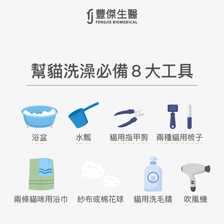 幫貓咪洗澡必備8大工具：浴盆、水瓢、貓用指甲剪、兩種貓用梳子、貓咪專用洗毛精、吹風機、紗布或棉花球、兩條貓咪用浴巾。