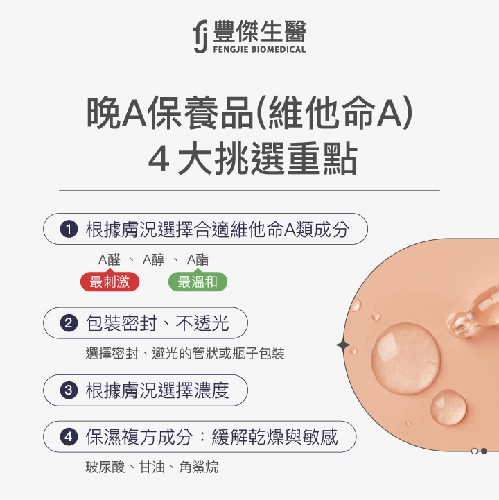 晚A保養品(維他命A)4大挑選重點：根據膚況選擇合適維他命A類成分；包裝密封不透光；根據膚況選擇濃度；保濕複方成分，緩解乾燥與敏感。