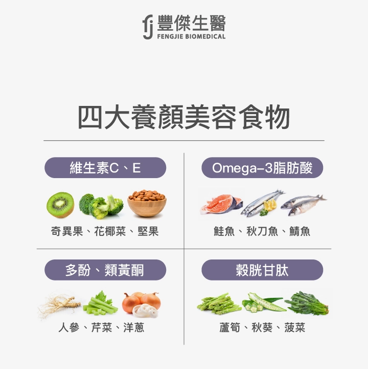 四大淡斑食物： 富含維生素C、E、Omega-3脂肪酸、多酚、類黃酮、榖胱甘肽的食物