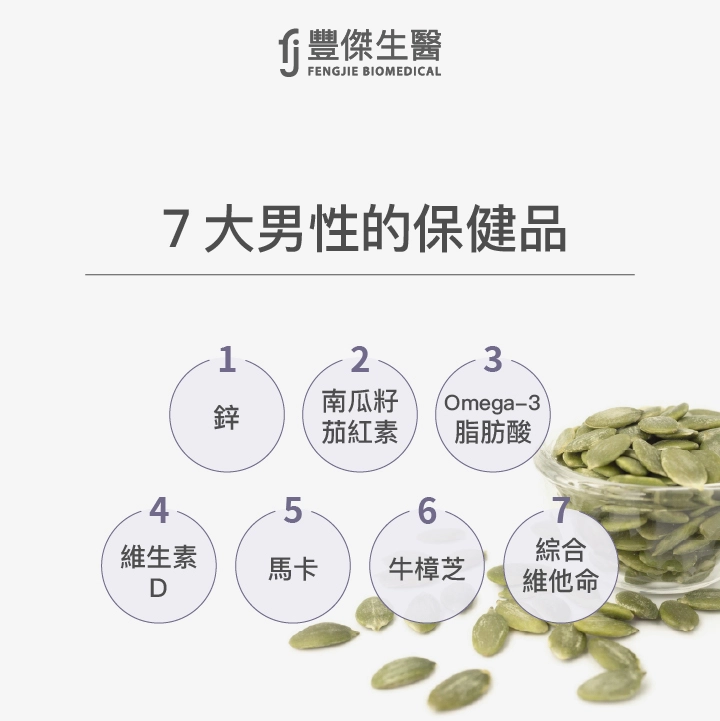 7大男性保健品：鋅、南瓜籽、茄紅素、Omega3、維生素D、馬卡、牛樟芝、綜合維他命