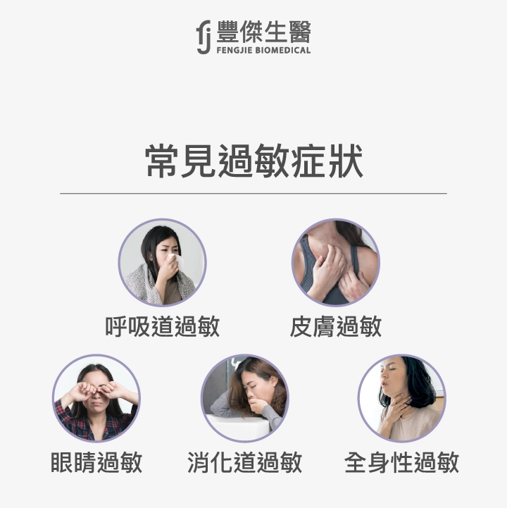 常見過敏症狀：呼吸道過敏、皮膚過敏、眼睛過敏、消化道過敏、全身性過敏